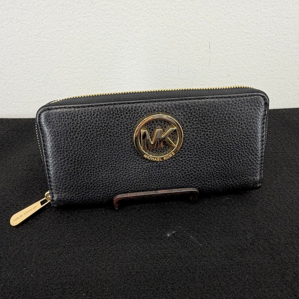 Michael Kors Black Pebbled Leather Zip Around Wallet Metal MK Logo Gold Tone